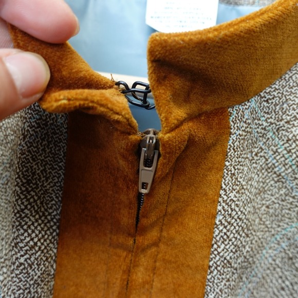 Vintage Tweed Jacket Womens L 12 Brown Plaid HARVE BENARD Velvet Mandarin Collar - Picture 13 of 16